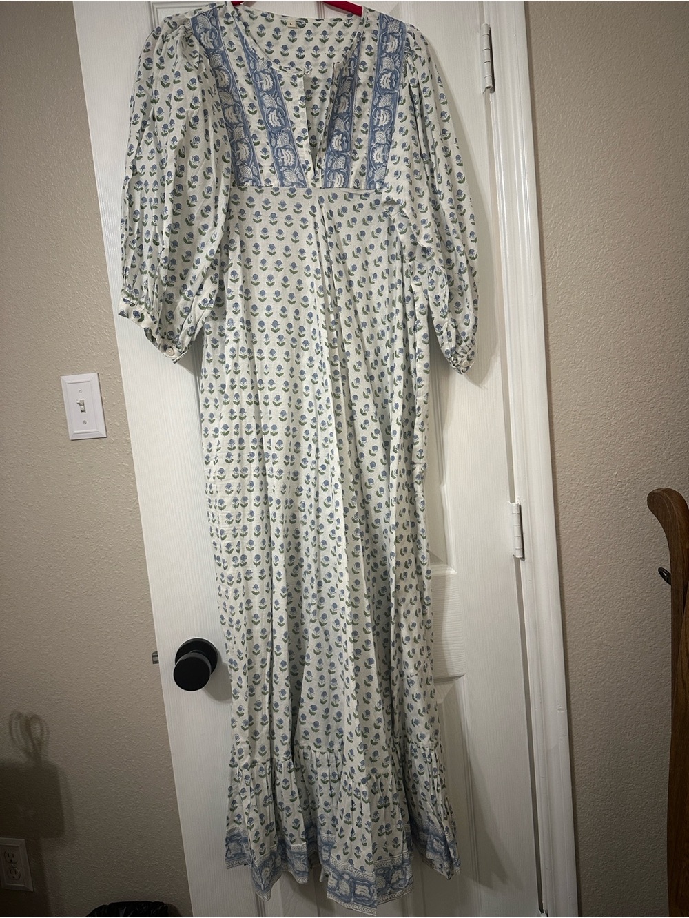 Bohemian White and Blue Floral Maxi Dress